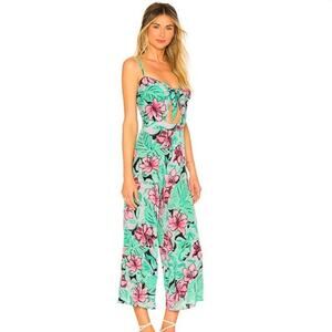 Cleobella Angelina Hawaii Tie-Front Jumpsuit Green Pink Floral Palm Size S NWT